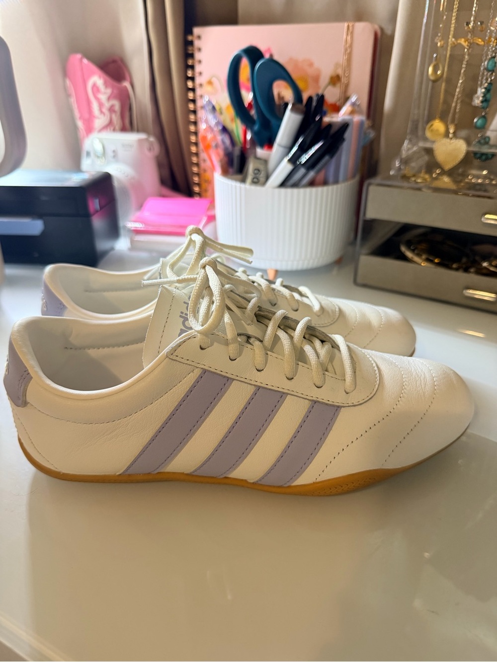 adidas Women's White Sneakers with Lilac Stripes